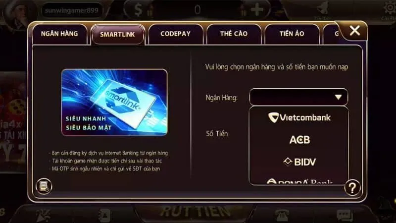 Người chơi có thể nạp tiền qua nhiều kênh khác nhau tại cổng game Sun Win